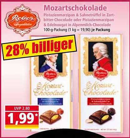 Mozartschokolade: Pistazienmarzipan & Sahnetrüffel in Zartbitter- oder Alpenmilchschokolade