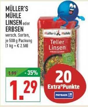 Müller's Mühle Linsen oder Erbsen, 500 g Packung