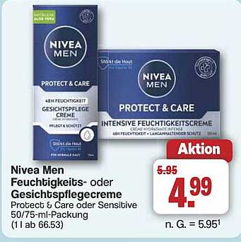 Nivea Men Feuchtigkeits- oder Gesichtspflegecreme Protect & Care oder Sensitive 50/75-ml-Packung
