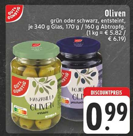 Oliven grün oder schwarz, entsteint, je 340 g Glas
