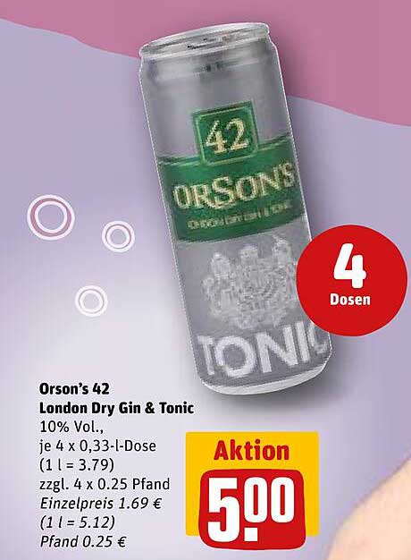 Orson’s 42 London Dry Gin & Tonic – 4 Dosen für nur 5,00 €
