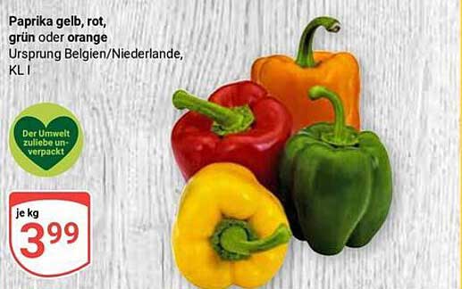 Paprika gelb, rot, grün oder orange - je kg