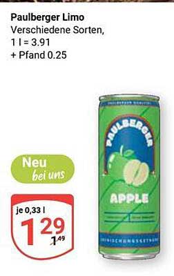 Paulberger Limo - Verschiedene Sorten, 0,33 l für nur 1,29 €