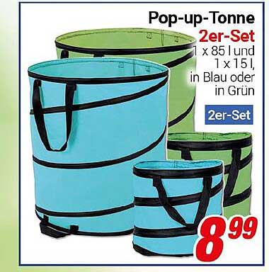 Pop-up-Tonne 2er-Set - 1 x 85 l und 1 x 15 l, in Blau oder Grün