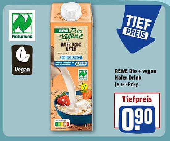 REWE Bio + vegan Hafer Drink Natur 1-L-Packung