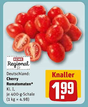 REWE Regional: Cherry Romatomaten Kl. I, je 400-g-Schale für nur 1,99 €