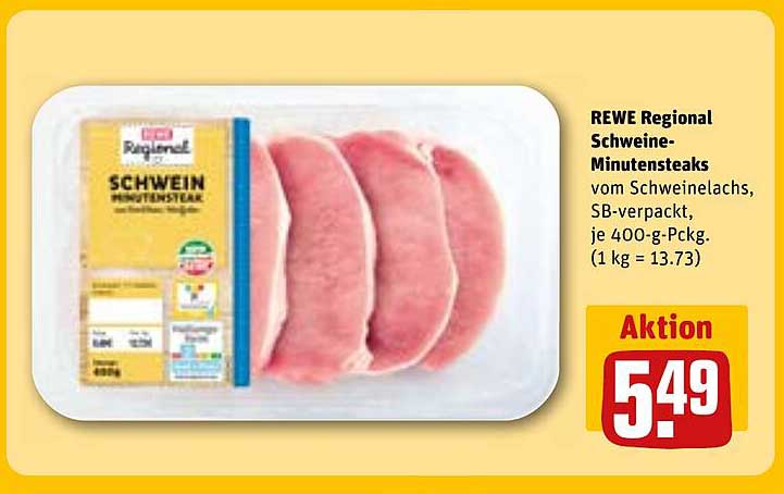 REWE Regional Schweine-Minutensteaks vom Schweinelachs, SB-verpackt, je 400-g-Packung.