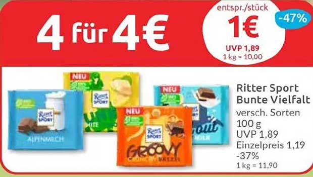 Ritter Sport Bunte Vielfalt - 4 für 4€