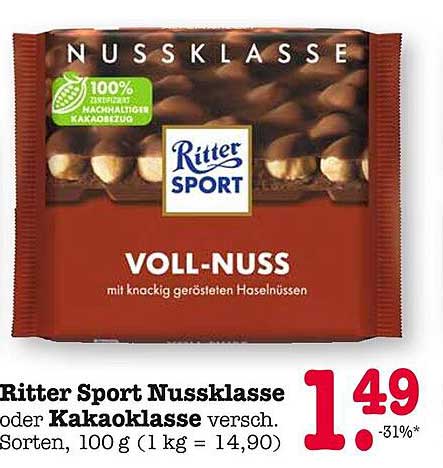 Ritter Sport Nussklasse oder Kakaoklasse 100g