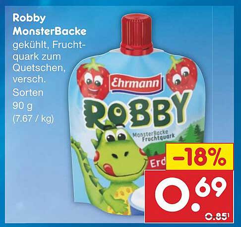 Robby MonsterBacke gekühlt, Fruchtquark zum Quetschen, versch. Sorten, 90 g