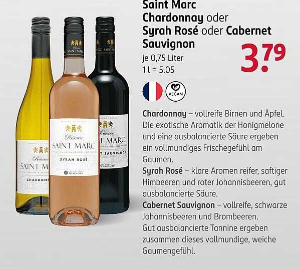 Saint Marc Chardonnay, Syrah Rosé oder Cabernet Sauvignon je 0,75 Liter