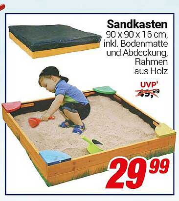 Sandkasten 90 x 90 x 16 cm, inkl. Bodenmatte, Abdeckung und Holzrahmen