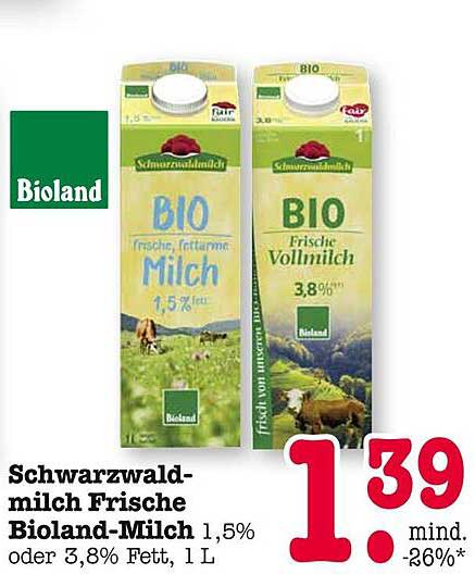 Schwarzwaldmilch Frische Bioland-Milch 1,5% oder 3,8% Fett, 1 L
