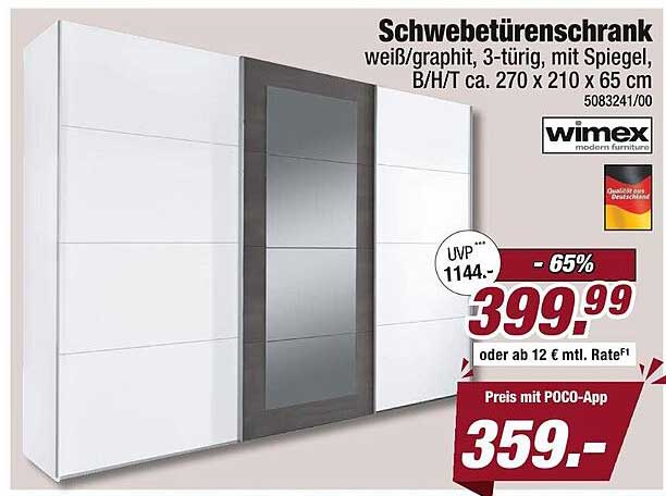 Schwebetüren-Schrank weiß/graphit, 3-türig, mit Spiegel