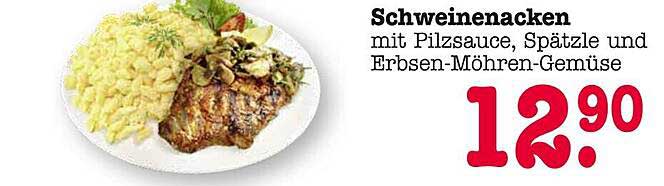 Schweinenacken mit Pilzsauce, Spätzle und Erbsen-Möhren-Gemüse