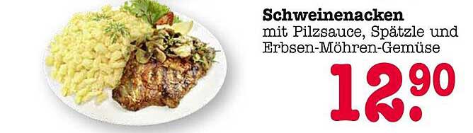 Schweinenacken mit Pilzsauce, Spätzle und Erbsen-Möhren-Gemüse