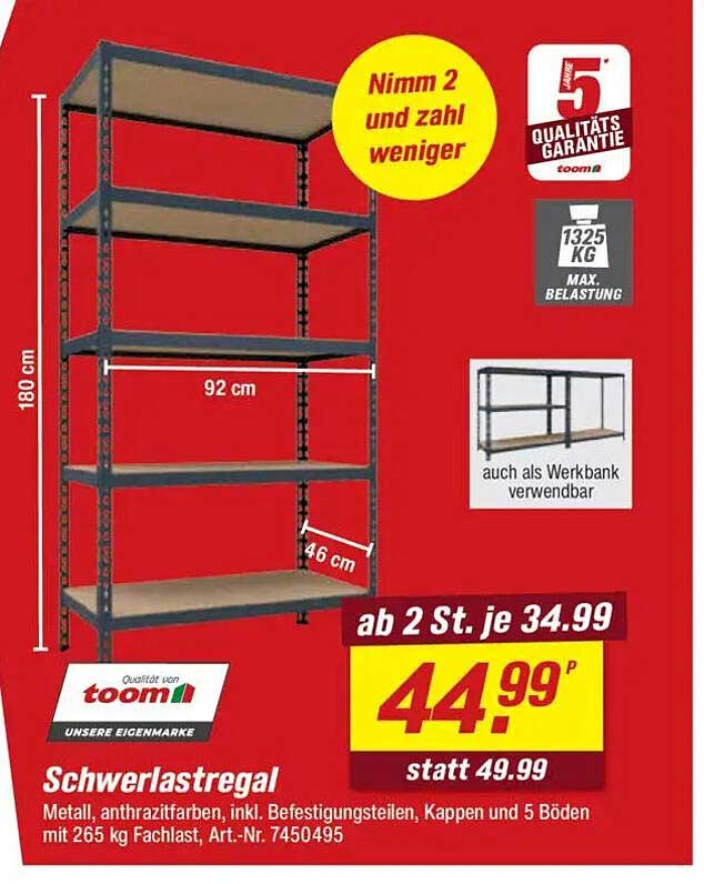 Schwerlastregal - Metall, anthrazitfarben, inkl. Befestigungsteilen, Kappen und 5 Böden