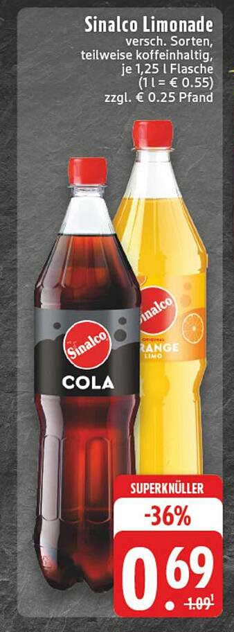 Sinalco Limonade – Verschiedene Sorten (Cola & Orange) – 1,25 l Flasche