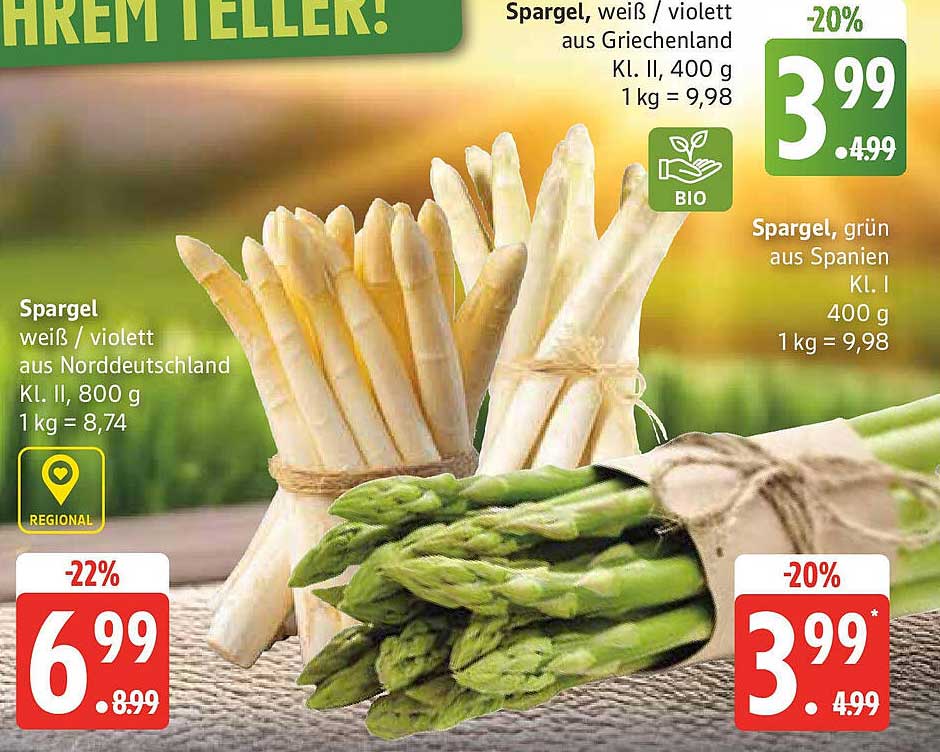 Spargel, weiß / violett aus Niedersachsen und Spargel, grün aus Spanien