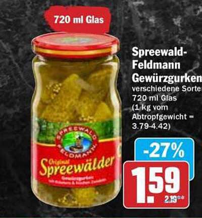 Spreewald-Feldmann Gewürzgurken 720 ml Glas - Jetzt im Hit-Prospekt!