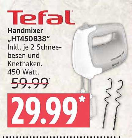 Tefal Handmixer „HT450B38“ inkl. je 2 Schneebesen und Knethaken – 450 Watt