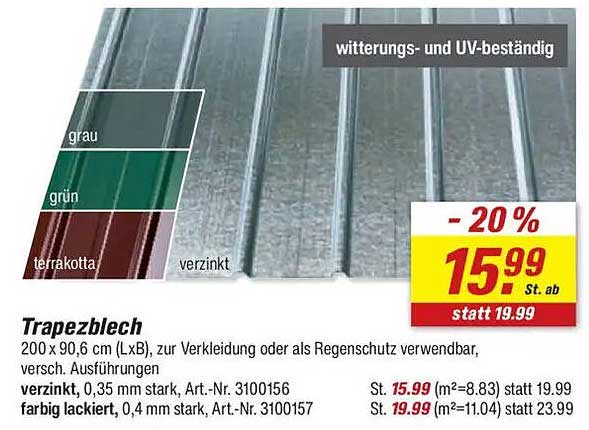 Trapezblech 200 x 90,6 cm - Jetzt mit 20 % Rabatt!