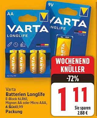 Varta Batterien Longlife – E-Block 6LR61 und Mignon AA oder Micro AAA