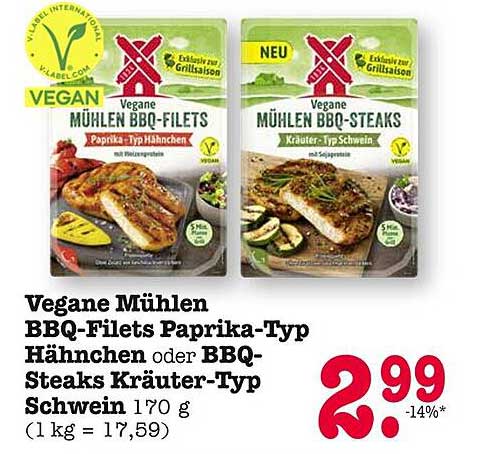 Vegane Mühlen BBQ-Filets Paprika-Typ Hähnchen oder BBQ-Steaks Kräuter-Typ Schwein 170 g