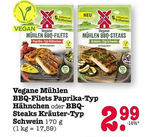 Vegane Mühlen BBQ-Filets Paprika-Typ Hähnchen oder BBQ-Steaks Kräuter-Typ Schwein 170 g