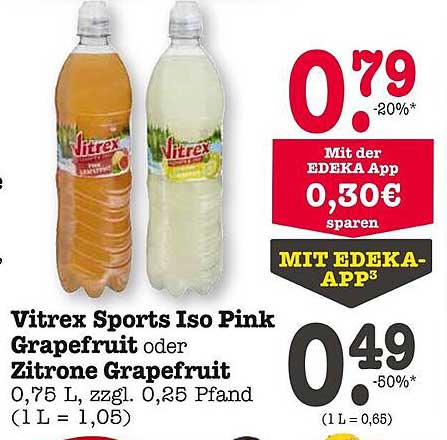Vitrex Sports Iso Pink Grapefruit oder Zitrone Grapefruit 0,75 L für nur 0,49 €