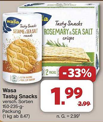 Wasa Tasty Snacks - Sesam & Meersalz und Rosmarin & Meersalz 150-235 g Packungen