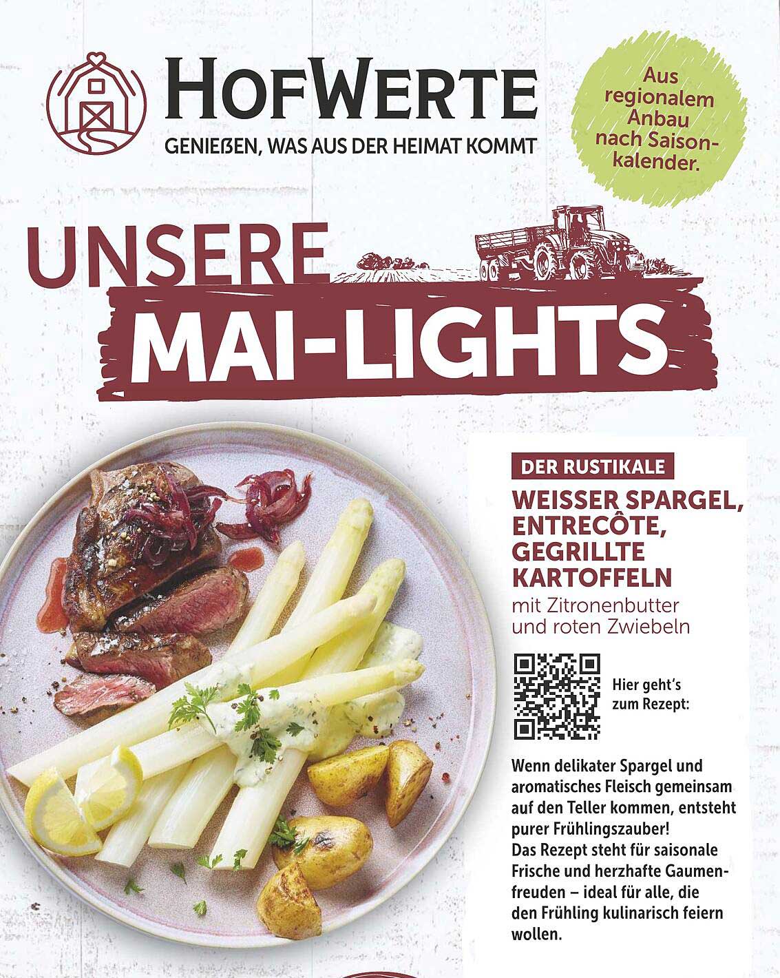 Weißer Spargel, Entrecôte, gegrillte Kartoffeln mit Zitronenbutter und roten Zwiebeln