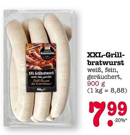 XXL-Grillbratwurst weiß, fein, geräuchert, 900 g