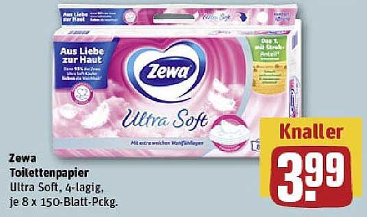 Zewa Toilettenpapier Ultra Soft, 4-lagig, je 8 x 150-Blatt-Pckg.