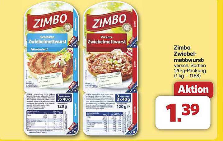 Zimbo Zwiebelmettwurst versch. Sorten 120-g-Packung (1 kg = 11,58)
