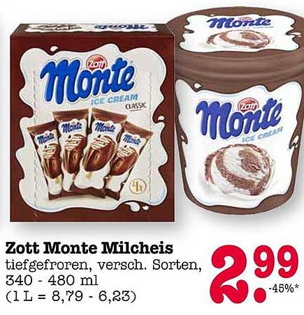Zott Monte Milcheis, tiefgefroren, verschiedene Sorten, 340 - 480 ml
