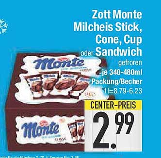 Zott Monte Milchreis Stick, Cone, Cup oder Sandwich - gefroren 340-480ml