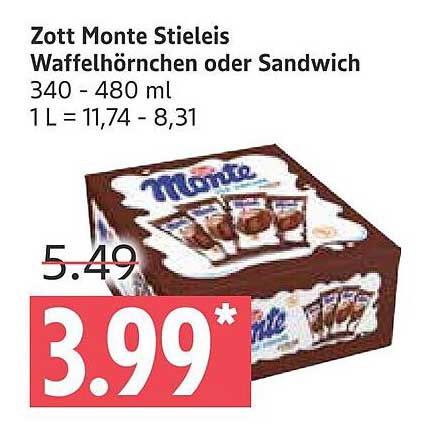 Zott Monte Stieleis Waffelhörnchen oder Sandwich 340 - 480 ml