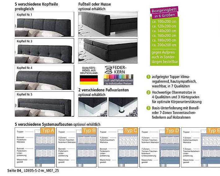 Boxspringbett in verschiedenen Größen und Ausführungen