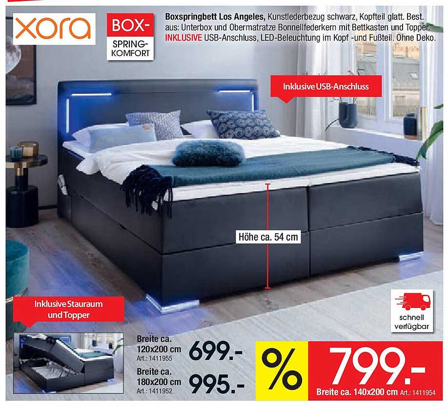 Boxspringbett Los Angeles mit USB-Anschluss und LED-Beleuchtung
