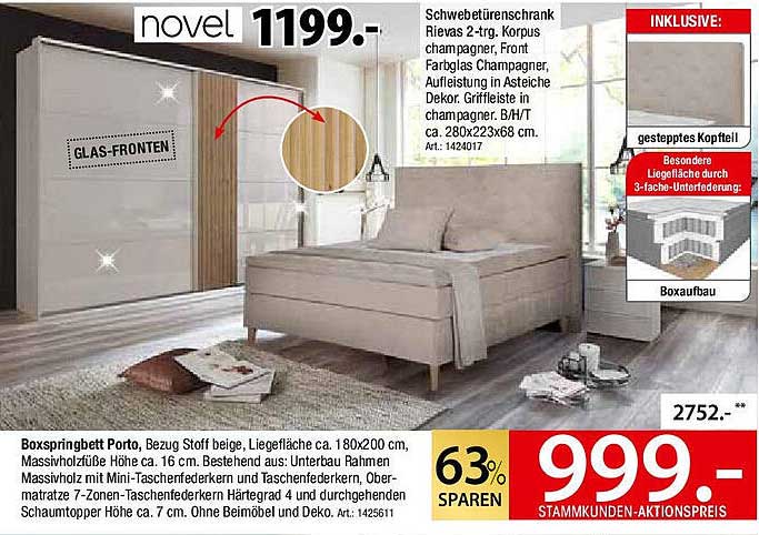 Boxspringbett Porto und Schwingschrank Rievas im Paket