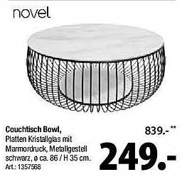 Couch Tisch Bowl - Platten Kristallglas mit Marmor-Druck, Metallgestell schwarz