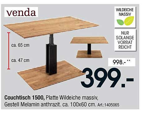 Couchtisch 1500, Platte Wildeiche massiv, Gestell Melamin anthrazit, ca. 100x60 cm