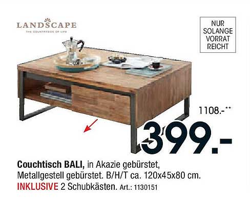 Couchtisch BALI in Akazie gebürstet, Metallgestell gebürstet – 2 Schubkästen inklusive