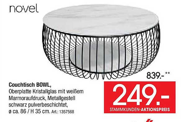 Couchtisch BOWL mit Kristallglas-Oberplatte