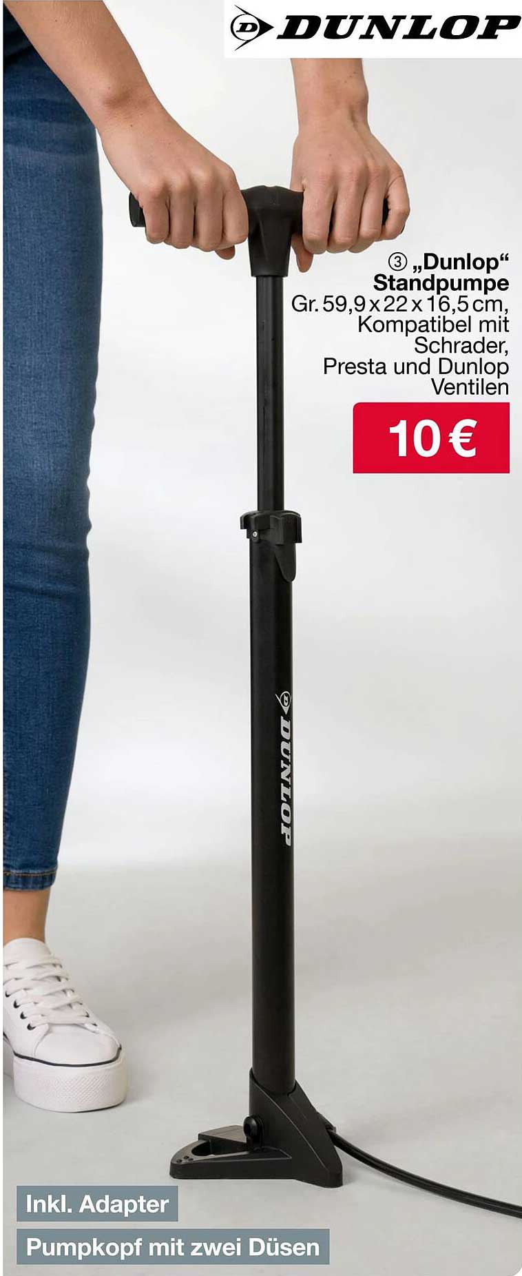 Dunlop Standpumpe mit Adapter und zwei Düsen
