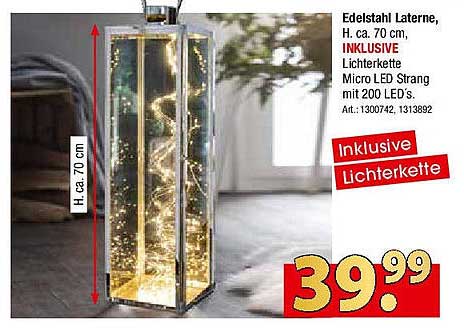 Edelstahl Laterne mit LED-Lichterkette, H. ca. 70 cm