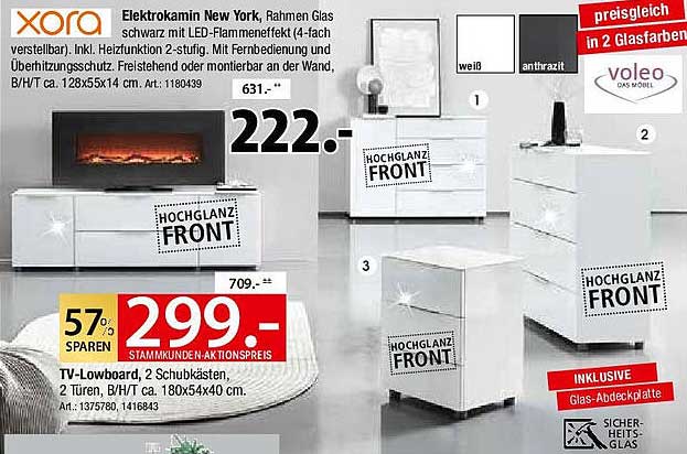 Elektrokamin New York und TV-Lowboard Hochglanz-Front