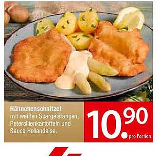 Hähnchenschnitzel mit weißen Spargelstangen, Petersilienkartoffeln und Sauce Hollandaise