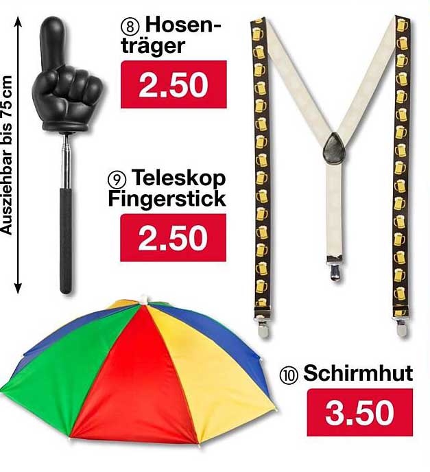 Hosen-Träger, Teleskop Fingerstick und Schirmhut